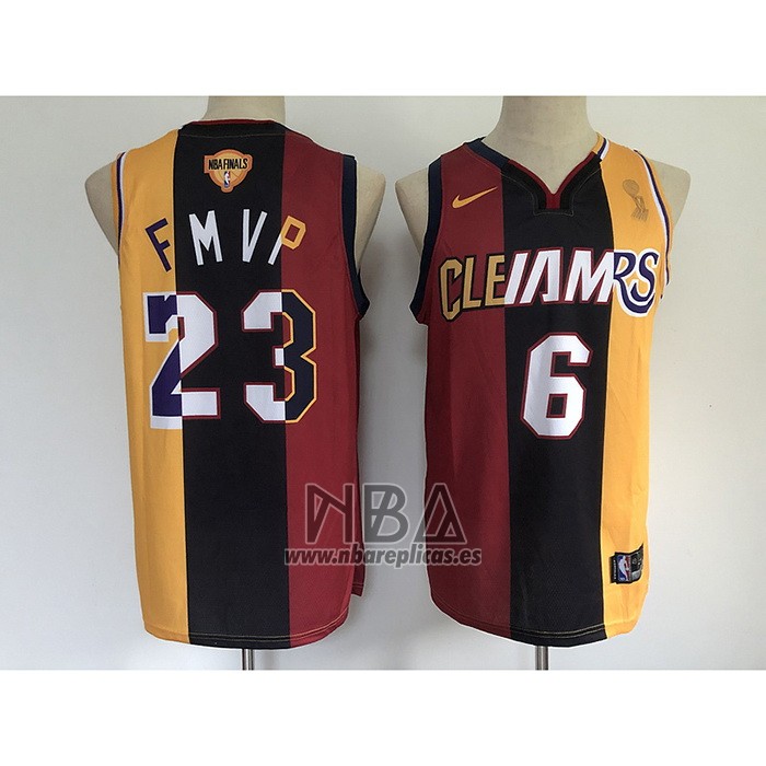 Camiseta Los Angeles Lakers Lebron James NO 6 23 2020 FMVP Heat Cavaliers Split Dual Number Rojo Oro